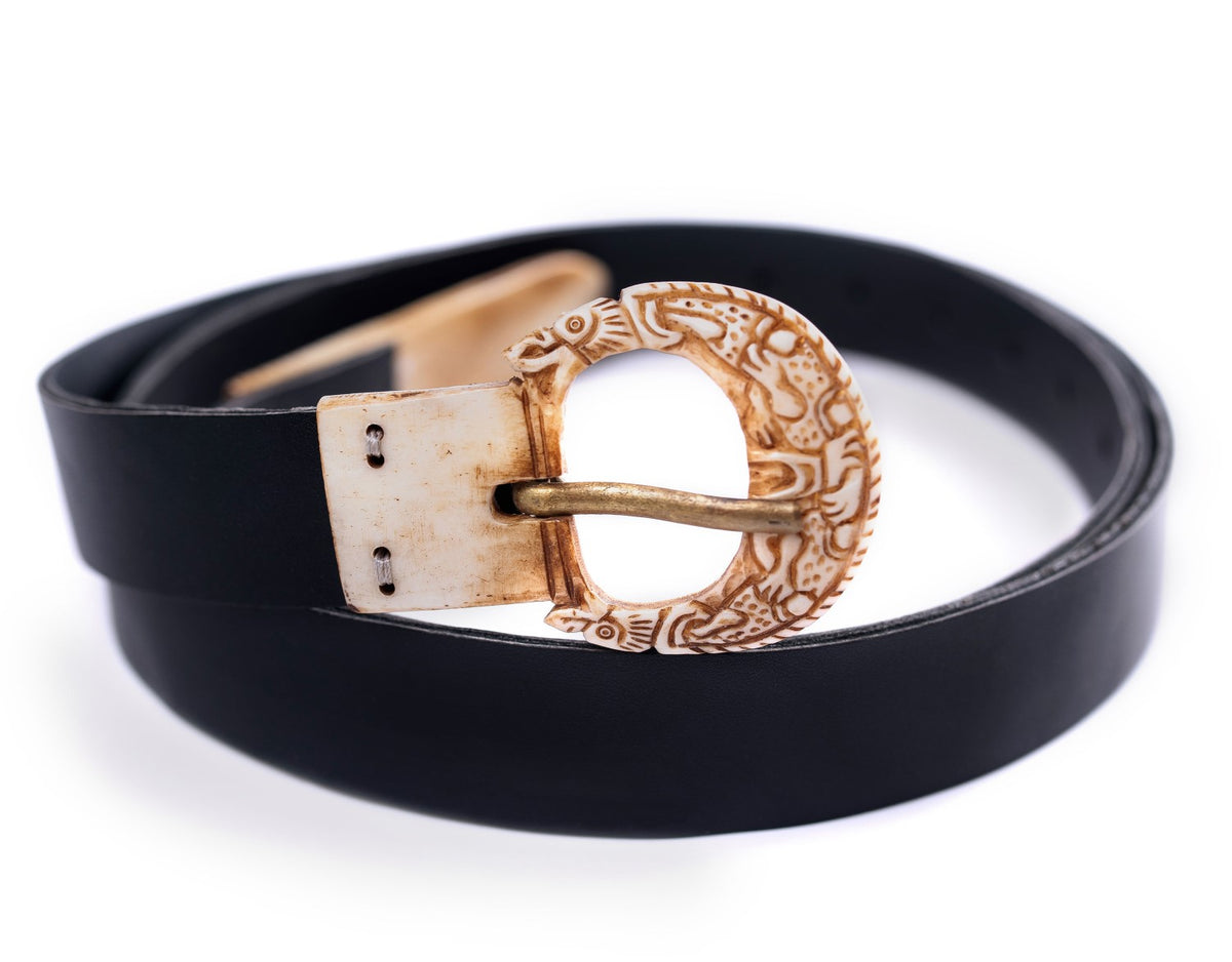 Viking Leather Belt with Hand-Carved Bone Buckle &amp; Tip